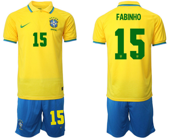 Men's Brazil #15 Fabinho Yellow Home Soccer Jersey Suit